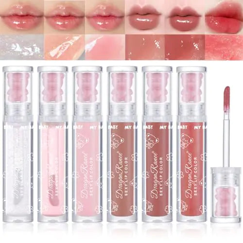 6-Color Glitter Bear Lip Gloss Set non-Sticky