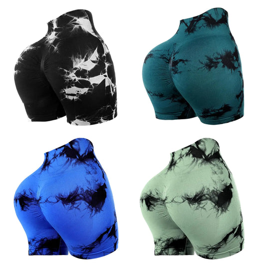 Mumucove 4 Piece Women Workout Shorts Tie Dye High Waist Butt Lift Shorts Tight Women Workout Gym Yoga Sports Shorts(LargeTie Dye Dark Green Tie Dye Blue Tie Dye Army Green Tie Dye Black)